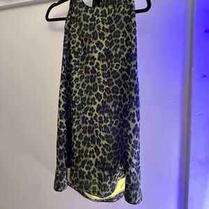 Women's Green Leopard Print halter mini dress silk